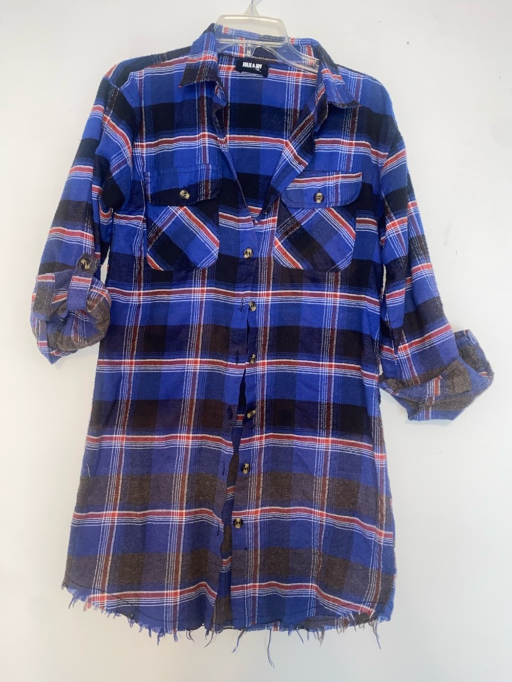Blue Plaid Long-Sleeve Shirt Dress